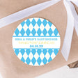 Blue argyle golf baby shower sticker with “Thanks FORE Joining Us” design.