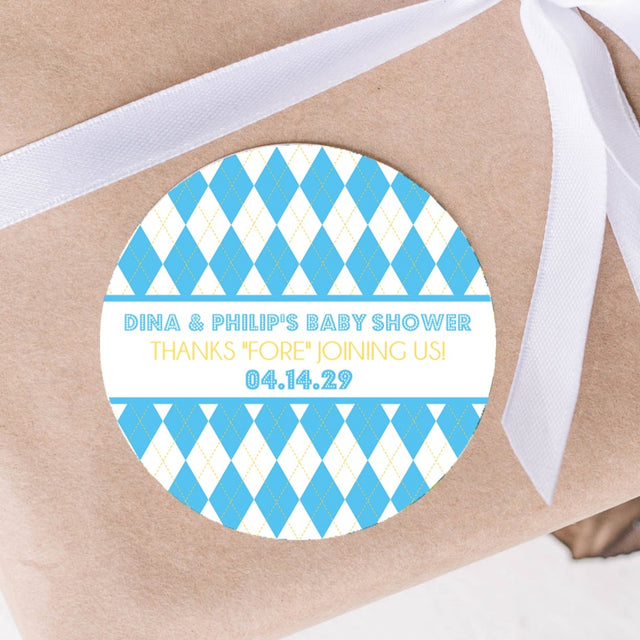 Blue argyle golf baby shower sticker with “Thanks FORE Joining Us” design.