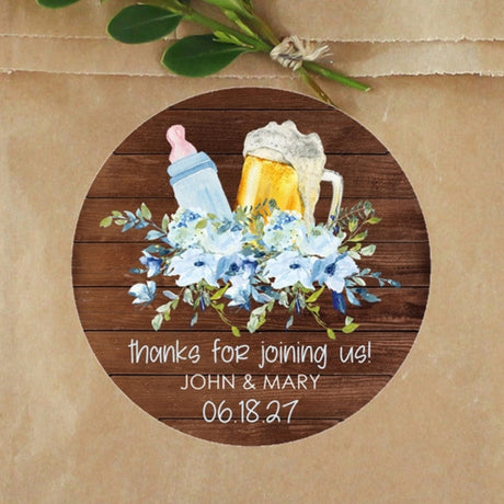 Blue beer and bottle baby shower stickers with rustic wood background