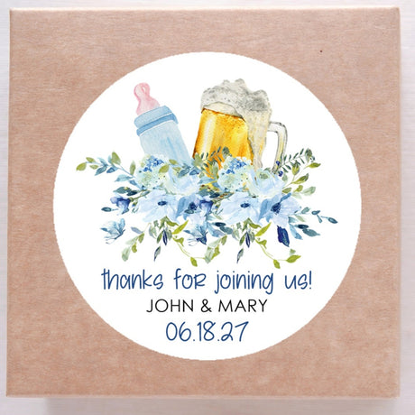 Blue bottles and beer baby shower stickers on white background