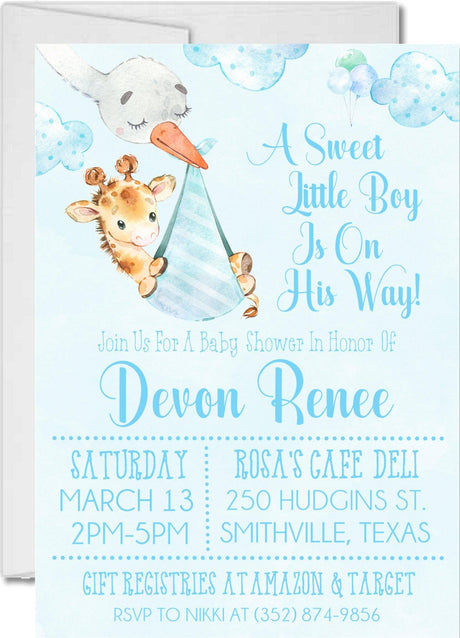 Blue boys safari baby shower invitations