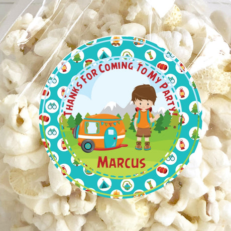 Blue camping border sticker with boy hiker