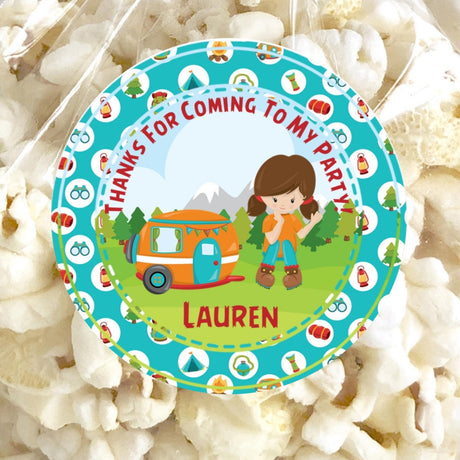 Blue camping girl birthday sticker with camping icons