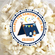 Blue chevron camping tent birthday sticker with lanterns