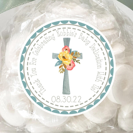 Blue coral baby dedication sticker with cross