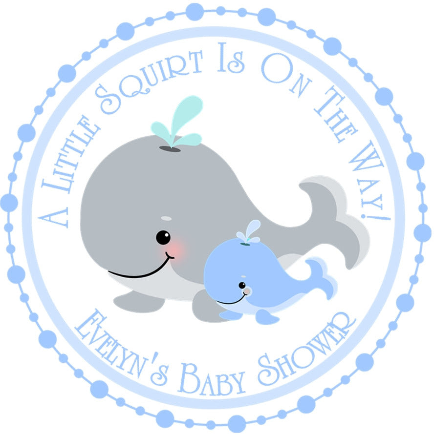 Blue cute whale baby shower labels with mommy and baby design