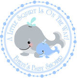 Blue cute whale baby shower labels with mommy and baby design