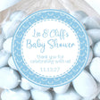 Blue deer baby shower stickers with white antler border design.