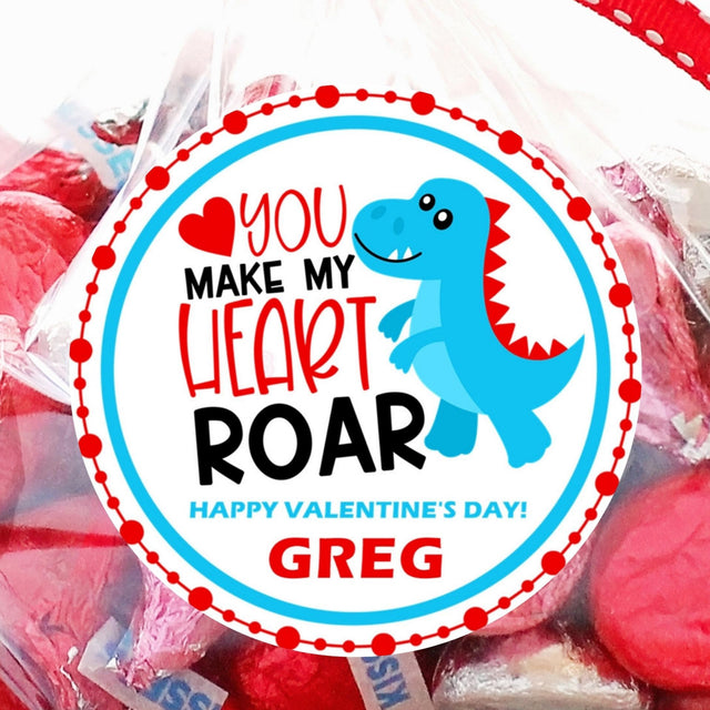 Blue dinosaur Valentine sticker with hearts
