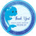 Blue dolphin baby shower sticker with ocean bubbles and wave background