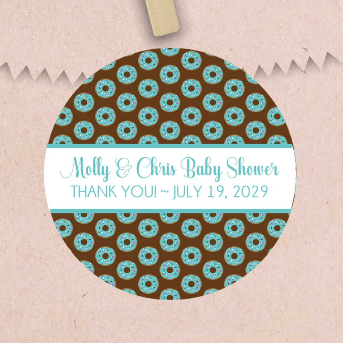 Blue donut baby shower sticker for boys