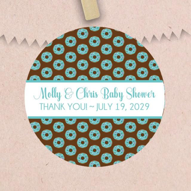 Blue donut baby shower sticker for boys