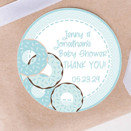 Blue donut baby shower sticker with pastel design