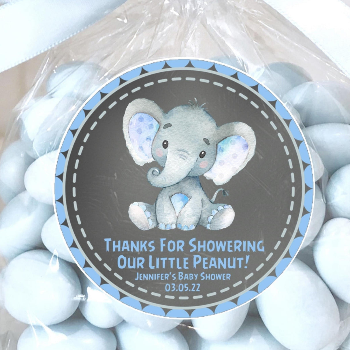 Blue elephant baby shower stickers – chalkboard design