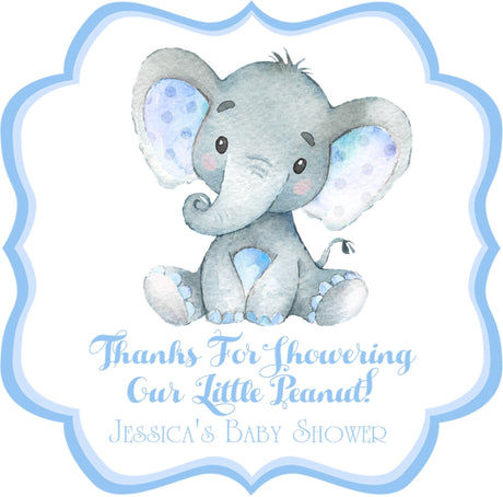 Blue elephant baby shower stickers with watercolor elephant design