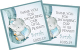 Blue elephant baby shower stickers – square watercolor design