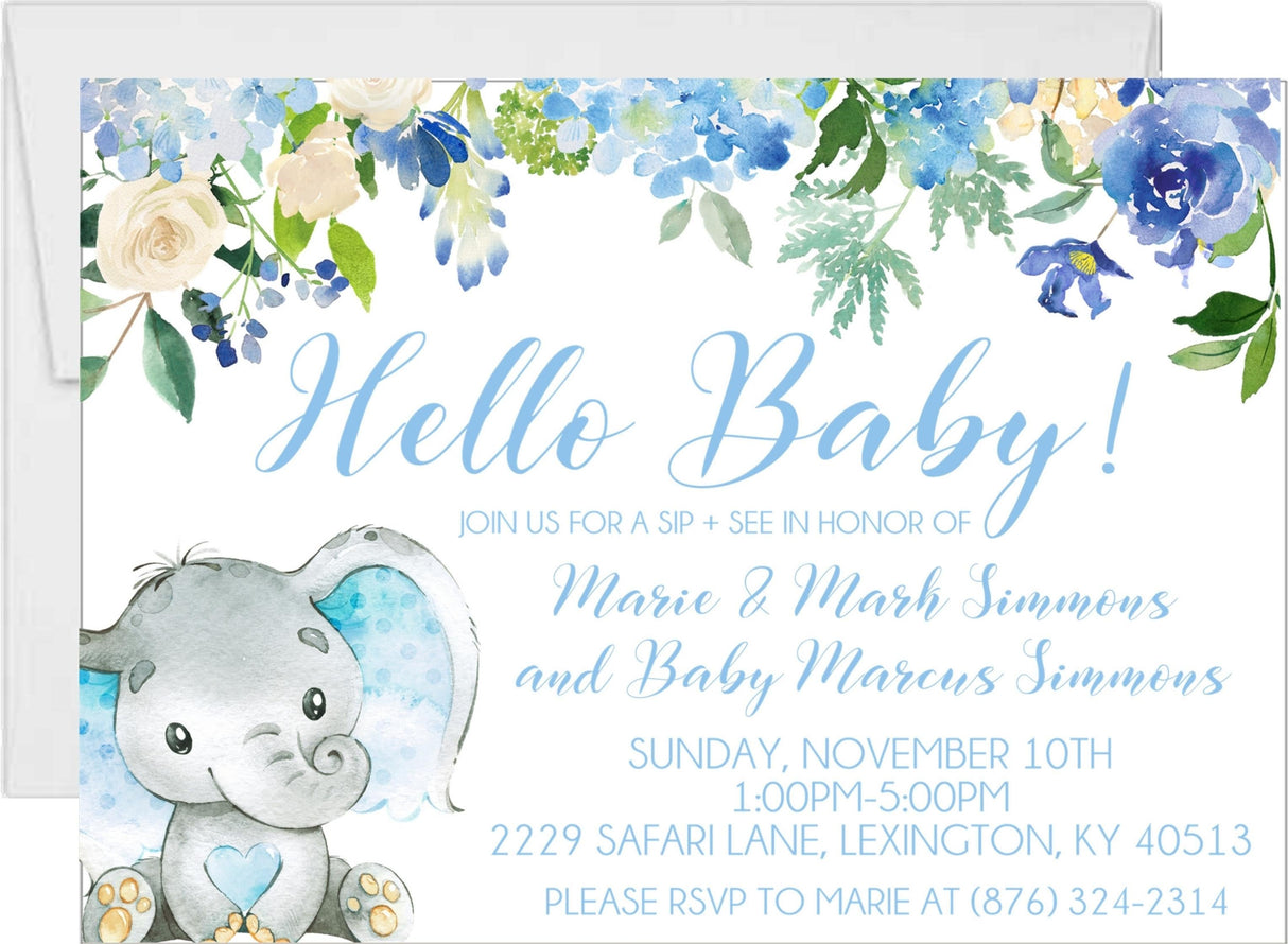 Blue elephant sip and see invitation