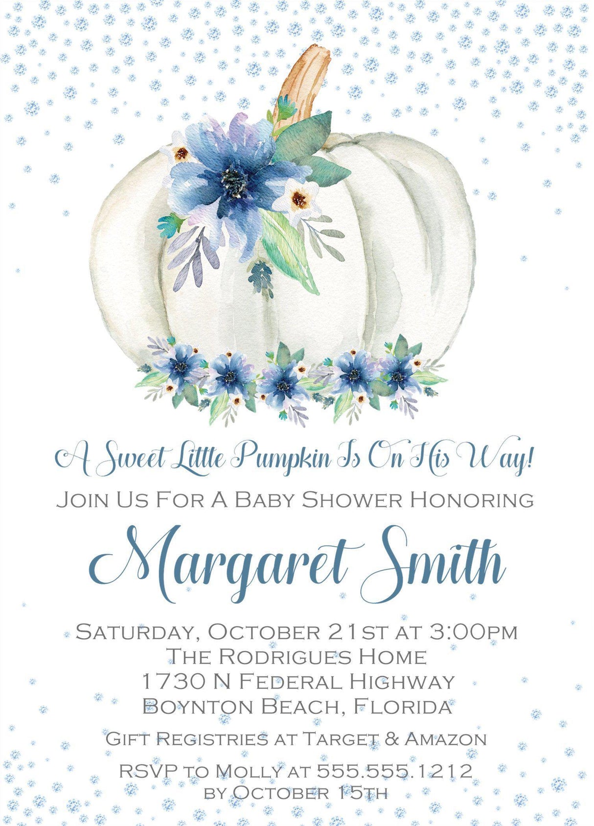 Blue fall pumpkin baby shower invitation