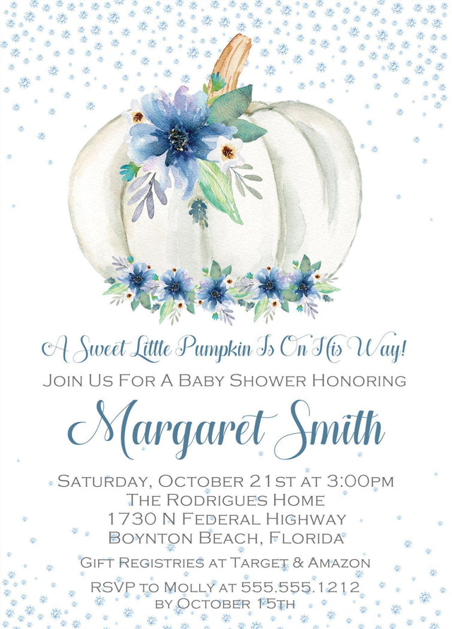 Blue fall pumpkin baby shower invitation