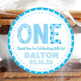 Blue first birthday sticker with patterned one lettering design