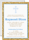 Blue first communion invitation with gold background and cross design