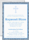 Blue first communion invitation with silver background and cross design