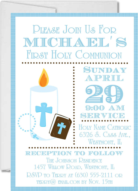 Blue first holy communion invitation with candle and cross design