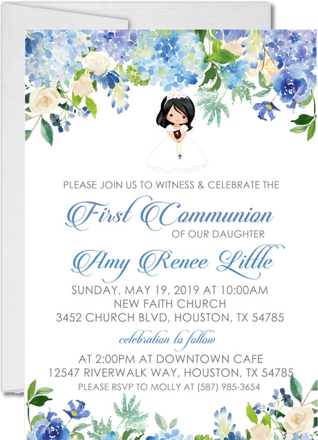 Blue floral First Communion invitation for girl with watercolor flowers and script text