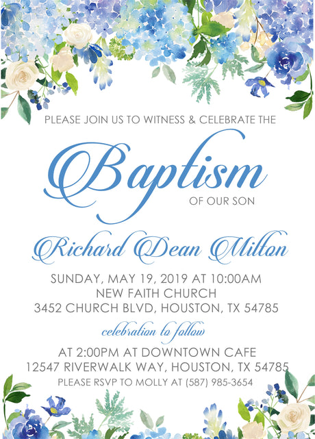 Blue floral baptism invitation with watercolor flowers and elegant script text
