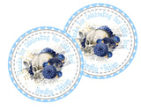 Blue floral skull baby shower sticker on white background
