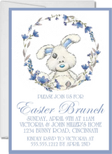Blue floral wreath Easter brunch invitation with bunny