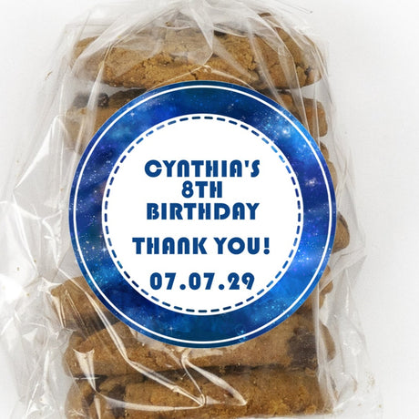 Blue galaxy birthday sticker with personalized text