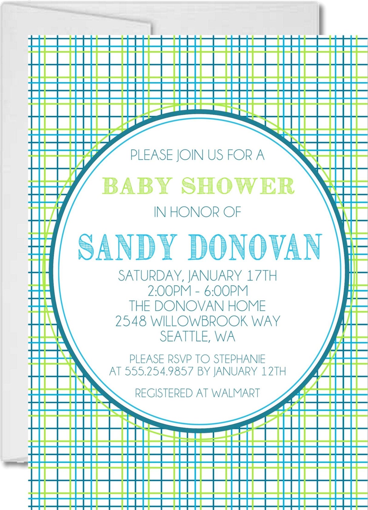Blue green plaid pattern baby shower invitation cards modern classic style