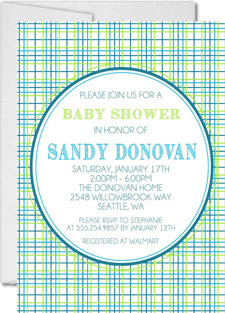 Blue green plaid pattern baby shower invitation cards modern classic style
