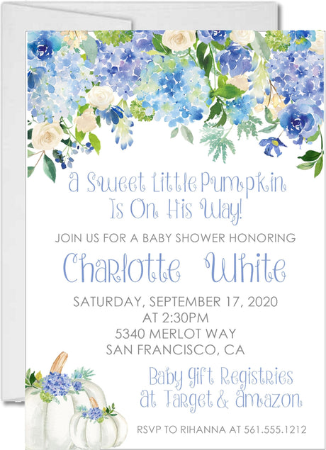 Blue green pumpkin baby shower invitations