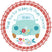 Blue hippie bus birthday sticker with retro flower power design and personalized name