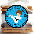 Blue karate boy birthday sticker with martial arts theme