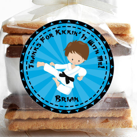 Blue karate boy birthday sticker with martial arts theme