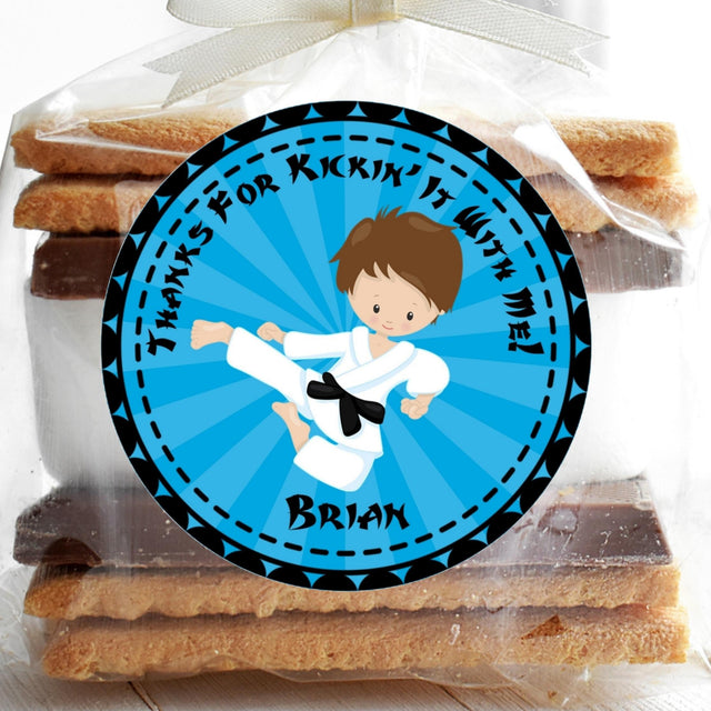Blue karate boy birthday sticker with martial arts theme