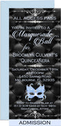 Blue masquerade ball invitation ticket with elegant black tufted backdrop