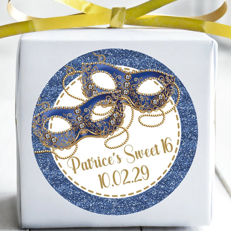 Blue masquerade sticker with printed glitter border