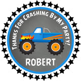 Blue monster truck birthday sticker with crashing by theme and custom name