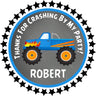Blue monster truck birthday sticker with crashing by theme and custom name