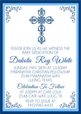 Blue ornate cross baptism invitation with decorative border