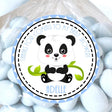 Blue panda baby shower sticker with bamboo and rosy-cheek panda