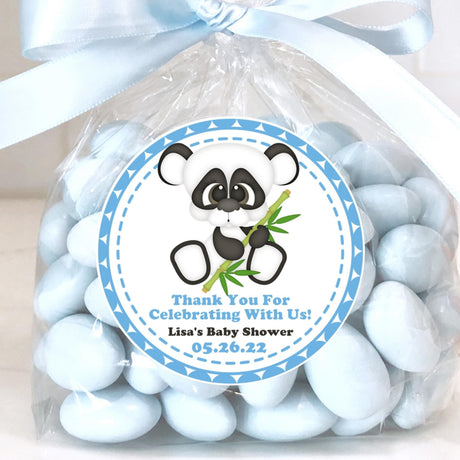 Blue panda baby shower sticker with outlined panda and bamboo