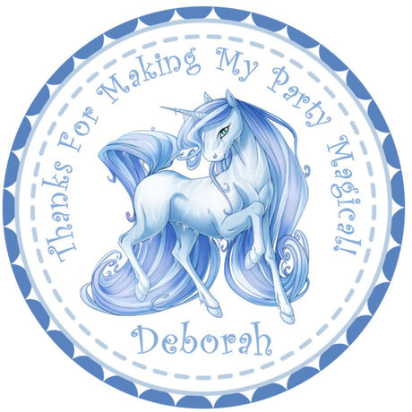 Blue personalized unicorn party favor sticker