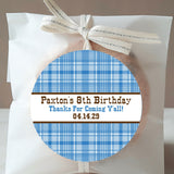 Blue plaid cowboy birthday party stickers