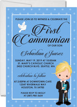 Blue polka dot first holy communion invitation