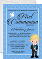 Blue polka dot first holy communion invitation
